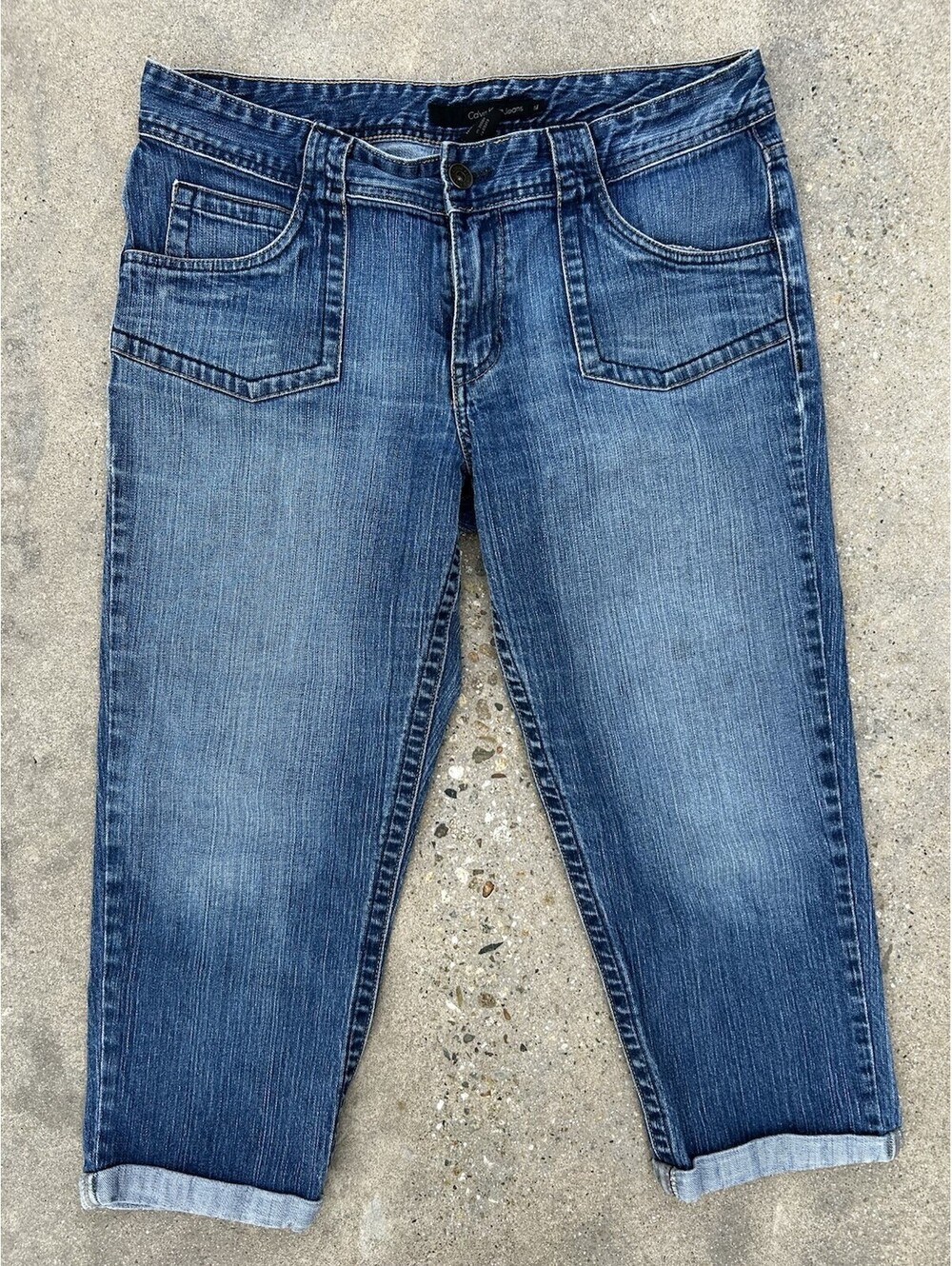 Calvin Klein Crop Hemmed Jeans Women size 14 Medium Wash Light Stain on Thighs